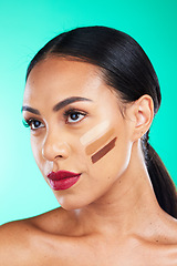 Image showing Woman, face and contour for makeup, cosmetics or beauty skincare isolated against a studio background. Female smile with red lips, contouring and foundation for skin tone, toner or facial treatment