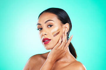 Image showing Woman, face and contour for skincare makeup or beauty cosmetics isolated against a studio background. Female smile with red lips, contouring and foundation for skin tone, toner or facial treatment