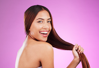 Image showing Beauty, hair and happy woman isolated on purple background for healthy glow, shine and care in studio. Young gen z model, youth or black person in portrait for natural growth, color and salon mockup