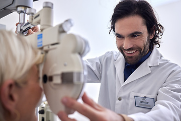 Image showing Eye exam, vision and care for patient with doctor at optometry consultation for lens or frame. Woman and happy man healthcare person with machine for eyes test and health insurance for glasses