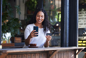 Image showing Woman, phone and credit card at coffee shop for ecommerce, online shopping or purchase. Happy female customer with smile on smartphone for internet banking, app or wireless transaction at indoor cafe