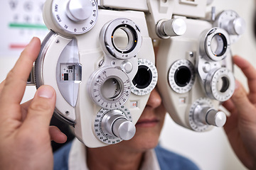 Image showing Eye care, exam and vision test machine with patient and doctor at optometry consultation for lens or frame. Hands of man healthcare person with equipment for eyes and health insurance for eyewear