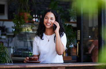 Image showing Phone call, coffee and woman in cafe talking, chatting or speaking to contact online. Tea, technology and happy female with mobile smartphone for networking, conversation and discussion in restaurant