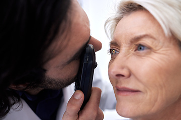 Image showing Light, eye check and woman with an optician for healthcare, consultation and vision exam. Lens test, health and senior patient with a male ophthalmologist with a tool to look at visual problem