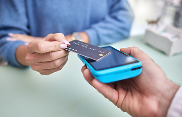 Image showing Shopping, hands or payment with a credit card by a customer checkout transaction at optometrist. Finance, zoom or people make a fintech electronic machine purchase or point of sale at a retail store