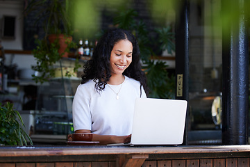 Image showing Cafe, working and woman typing on laptop for online project, email or sales proposal. Freelancer, remote worker or happy female with digital computer for writing, networking or planning at restaurant