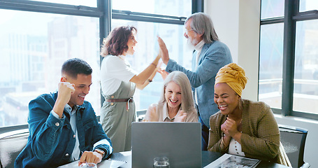 Image showing Teamwork, high five and applause of business people on laptop celebrating success, goals or targets. Collaboration, celebration and group of employees on computer clapping to celebrate achievement.