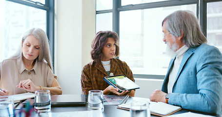 Image showing Business people, tablet and teamwork for planning, strategy and ideas by desk in modern office for goal. Corporate group, digital tech and finance team for brainstorming, vision or target in New York