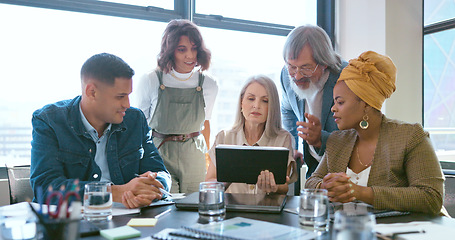 Image showing Business, team and woman in meeting, brainstorming and conversation in office. Staff, female leader and teamwork for brand development, digital marketing and collaboration for advertising campaign.