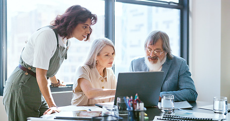 Image showing Business team, diversity and laptop planning, meeting and innovation of web ideas, kpi growth and online data analysis in office building. Workers, management and staff research website on computer