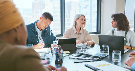 Image showing Business people, tablet and teamwork for planning, strategy and ideas by desk in modern office for goal. Corporate group, digital tech and finance team for brainstorming, vision or target in New York