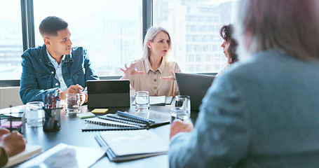 Image showing Business people, tablet and teamwork for planning, strategy and ideas by desk in modern office for goal. Corporate group, digital tech and finance team for brainstorming, vision or target in New York