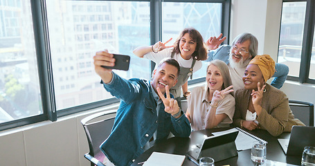 Image showing Peace sign, friends and selfie with business people and phone for teamwork, diversity and support. Social media, community and technology with employee in startup for internet, creative or networking