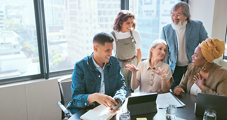 Image showing Business, team and woman in meeting, brainstorming and conversation in office. Staff, female leader and teamwork for brand development, digital marketing and collaboration for advertising campaign.