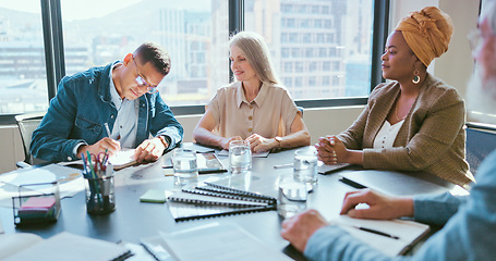 Image showing Business team, diversity and laptop planning, meeting and innovation of web ideas, kpi growth and online data analysis in office building. Workers, management and staff research website on computer