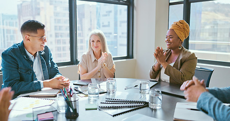 Image showing Business people, handshake or office contract success in marketing office, advertising agency or branding company. Happy smile, creative designers or shaking hands, clapping and teamwork partnership