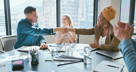 Image showing Business people, handshake or office contract success in marketing office, advertising agency or branding company. Happy smile, creative designers or shaking hands, clapping and teamwork partnership