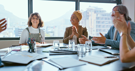 Image showing Business people, handshake or office contract success in marketing office, advertising agency or branding company. Happy smile, creative designers or shaking hands, clapping and teamwork partnership