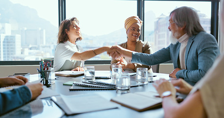 Image showing Business people, handshake or office contract success in marketing office, advertising agency or branding company. Happy smile, creative designers or shaking hands, clapping and teamwork partnership