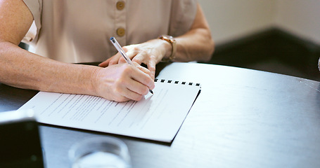 Image showing Contract, hands and signature with partnership or hiring, employee with human resources documents and folder. Business people, writing and pen with hr paperwork on desk, partner with business deal.