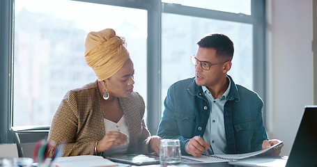 Image showing Collaboration, teamwork and business people with laptop, documents and working on savings budget, accounting or investment. Financial portfolio, partnership and African trader review crypto research