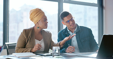 Image showing Collaboration, teamwork and business people with laptop, documents and working on savings budget, accounting or investment. Financial portfolio, partnership and African trader review crypto research