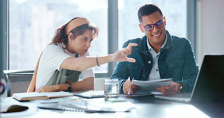 Image showing Businessman, woman and document in office for coaching, learning or target with laptop for digital marketing. Man, woman and paper to mentor, coach and teaching by computer for social media marketing