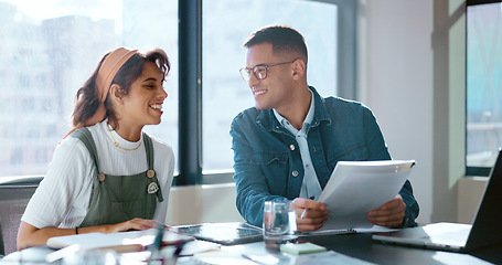 Image showing Businessman, woman and document in office for coaching, learning or target with laptop for digital marketing. Man, woman and paper to mentor, coach and teaching by computer for social media marketing