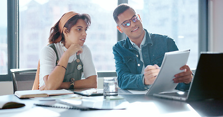 Image showing Businessman, woman and document in office for coaching, learning or target with laptop for digital marketing. Man, woman and paper to mentor, coach and teaching by computer for social media marketing