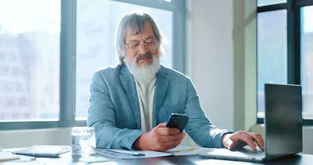 Image showing Laptop, planning or Asian business woman with phone for networking, planning schedule or creative research. Thinking, startup or CEO with smartphone for social media, social network or blog search