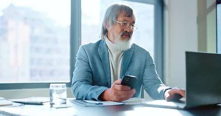 Image showing Laptop, planning or Asian business woman with phone for networking, planning schedule or creative research. Thinking, startup or CEO with smartphone for social media, social network or blog search