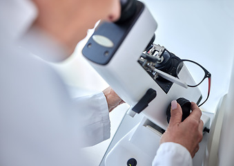 Image showing Microscope, ophthalmology science and glasses with a woman doctor with tools to check lens. Medical person at work for vision and health insurance while working in lab, store or clinic for eye care