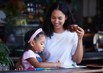 Image showing Learning, drawing and girl with mother at cafe with books, studying and art education. Family care, love and mama teaching kid how to color with crayons, having fun and bonding together in restaurant