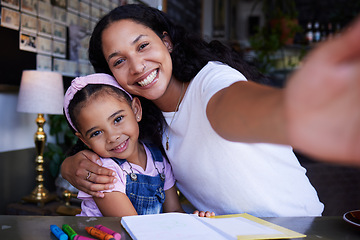 Image showing Mother portrait, girl child and selfie in cafe with book for drawing, learning art and color. Education, family and mama hug kid or daughter and taking pictures for social media or happy memory.