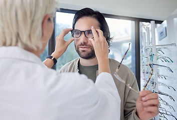 Image showing Optometrist, glasses and man in store for choice of frames, eyesight and vision. Customer face, new spectacles and eye care test for prescription assessment, clinic consulting or retail shop services