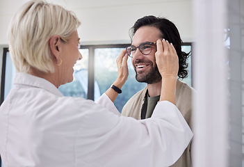 Image showing Optician, glasses and man in store for vision, eyesight and optical frames. Happy customer face, optometrist and lenses for eye care test, healthcare consulting and retail shop services for wellness