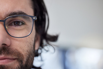 Image showing Glasses, optometry and eye of man with mockup prescription eyewear, spectacles and advertising. Half, face and portrait of male person with new stylish frame for vision from optometrist or optician