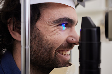 Image showing Eye exam, test or care for patient with laser machine at optometry consultation for lens or frame for vision. Face of happy man with industry tools for eyes, eyesight and check with health insurance