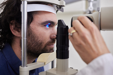 Image showing Eye exam, care or laser test for patient with machine at optometry consultation for lens or vision. Face of man and doctor hands for eyes, eyesight and check with health insurance for wellness