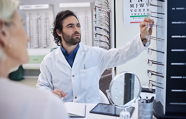 Image showing Eye doctor, glasses or woman consulting for eyesight advice at optometrist or ophthalmologist with medical aid. Customer talking or asking questions to check vision health with a helpful optician