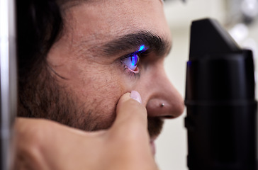 Image showing Eye exam, vision or laser test for patient with machine at optometry consultation for retina problem. Hands, eyesight or doctor helping or checking a man or client with health insurance for wellness