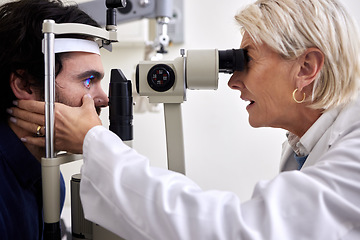 Image showing Man, eye exam or test with patient and doctor at optometry consultation for lens or frame for vision. Person and healthcare woman with laser machine for eyes with expert care and health insurance