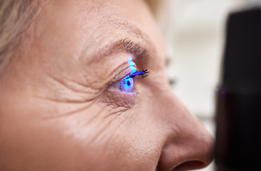 Image showing Eye exam, vision or laser test for an old woman with a machine at optometry consultation for retina problem. Senior, patient or client with medical health insurance checking eyesight at optician