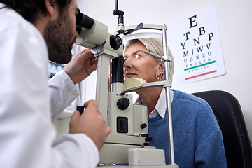 Image showing Vision, machine exam and woman with an optometrist for a check, eye consultation and lens test. Healthcare, help and male optician with a senior patient to measure visual eyesight with equipment