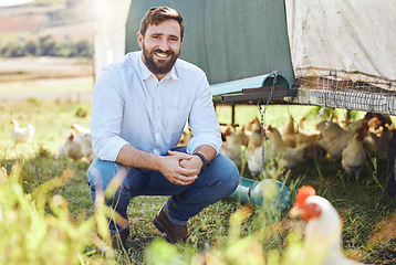 Image showing Portrait, man on farm with chicken and agriculture, smile outdoor with poultry livestock with sustainability. Happiness, farming and environment, animal and farmer with organic free range product