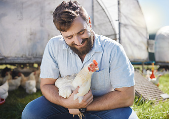 Image showing Man on farm, chicken and agriculture with happiness, poultry livestock with sustainability and organic free range. Agro business, farming and environment with animal, happy farmer in countryside