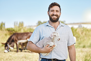 Image showing Farmer, portrait or baby lamb on livestock agriculture, countryside environment or nature in sheep growth management. Happy, farming or man and mutton animals, pet safety or veterinary life insurance