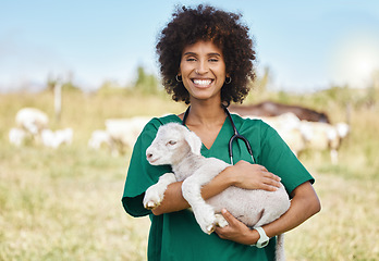 Image showing Farm, portrait and woman holding sheep on livestock field for medical animal checkup. Happy, smile and female vet doctor doing consultation on lamb in agro, sustainable and agriculture countryside.