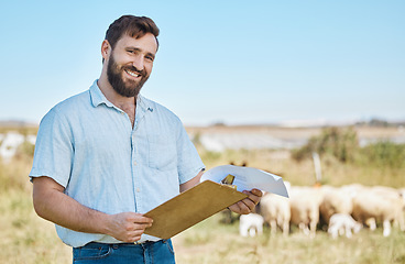 Image showing Farmer, portrait or clipboard paper on livestock agriculture, countryside environment or nature in sheep growth management. Happy man, farming or worker and documents for animals healthcare insurance