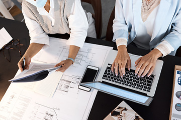 Image showing Architect, blueprint or women hands on laptop for strategy planning, collaboration or consulting on floor design. Architecture, business people or teamwork for real estate property development plan